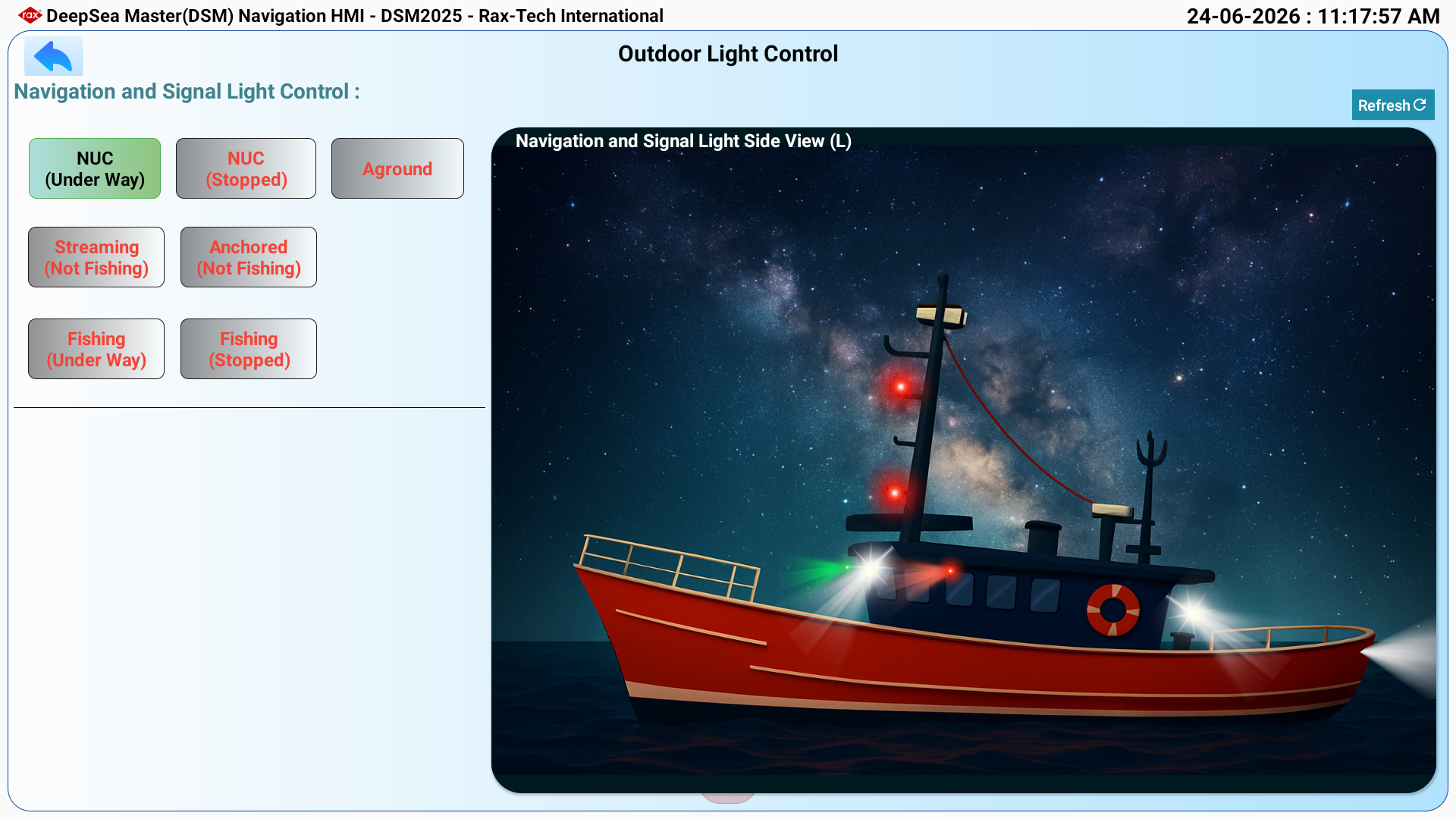 DeepSea Master vessel with navigation and signal lighting control at night